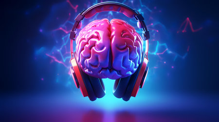 Human brain with headphones listening to music. 3D illustration in neon styleの素材