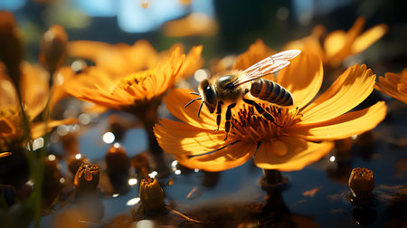 Bee on yellow flower in the garden. Shallow depth of field.の素材