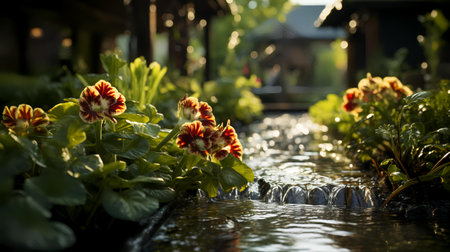 Flowers in the garden. Beautiful flowers in the garden at sunset.の素材