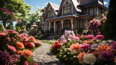 Flower garden in front of the house. Flower garden in summerの素材