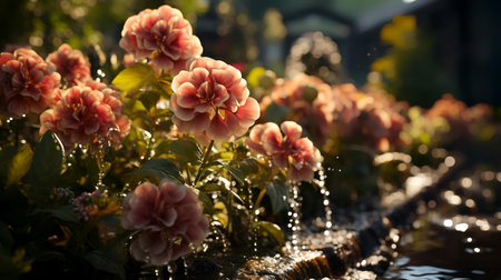 Colorful flowers in the garden with water drops in the morning.の素材