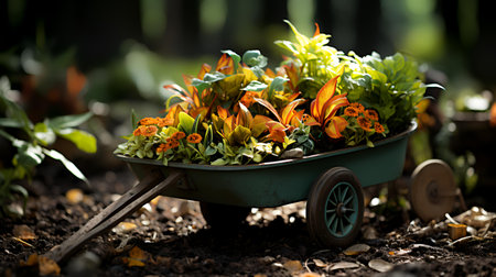 Gardening concept with wheelbarrow full of flowers and plantsの素材