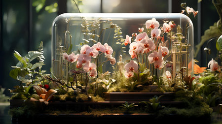 Glass florarium with beautiful orchids on dark background.の素材