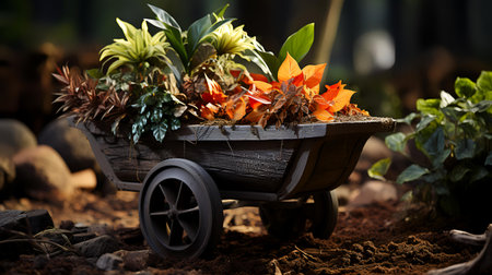 Wooden cart with flowers, plants and soil. Gardening concept.の素材