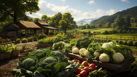 Vegetables in the garden on a sunny day with a mountain backgroundの素材