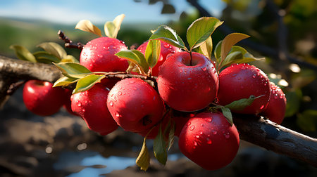 Ripe red apples on a branch in the garden after rain.の素材