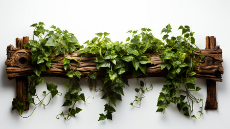 Green ivy leaves on a rustic wooden wall on white backgroundの素材