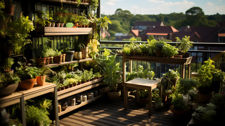 Balcony with pots of plants on the terrace of the houseの素材
