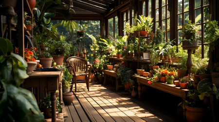 Interior of a greenhouse with flowers and plants in pots, vintage toneの素材