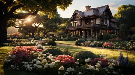 Beautiful vintage mansion in the garden at sunset, vintage style.の素材