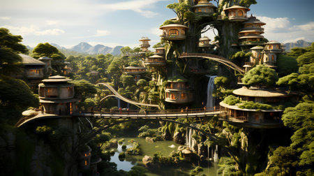 3D rendering of a Japanese garden with a bridge in the backgroundの素材