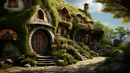 Fantasy landscape with fantasy houses and green trees. 3d renderの素材