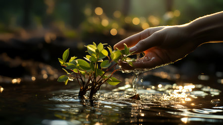Hand of a woman holding a small seedling growing in water with sunlight.の素材