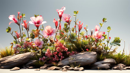 3d rendering of a beautiful flower garden with rocks and plants.の素材