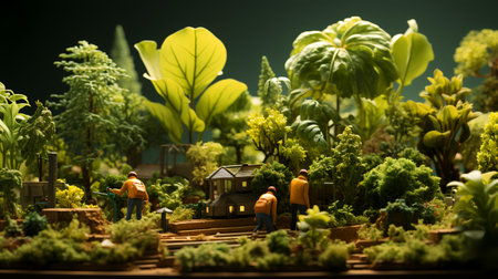 Miniature people working in garden. Miniature model of the garden.の素材
