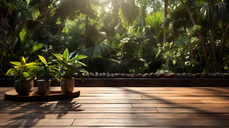 Wooden table with green plants in pots on blurred garden background.の素材