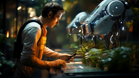 Young asian man working in the garden at night. Technology concept.の素材