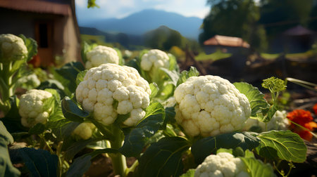 Cauliflower on the field with mountains in the background at sunsetの素材