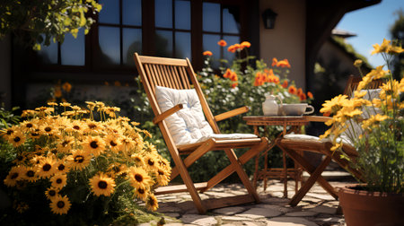 Outdoor patio with chairs and sunflowers in the garden.の素材