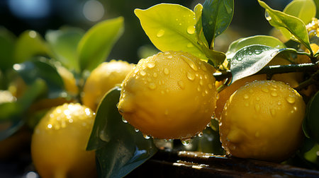 Lemons with dew drops on the leaves in the gardenの素材