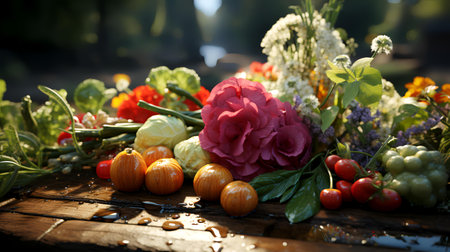 Bouquet of flowers and fruits on wooden table, closeupの素材