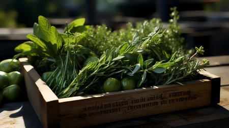 Fresh herbs in a wooden box. Selective focus. Shallow depth of field.の素材