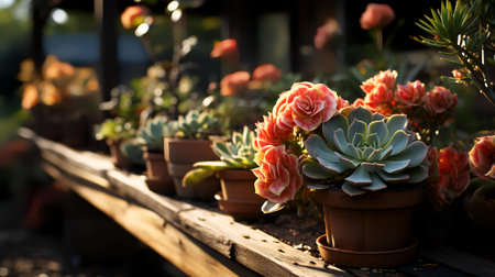 Succulents and echeveria in pots on a wooden tableの素材