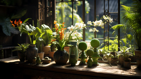 Flowers in pots on the windowsill in the morning light.の素材