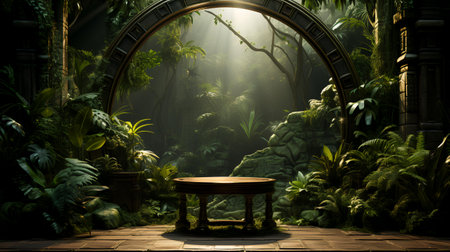 3D rendering of a fantasy garden with a round wooden table.の素材