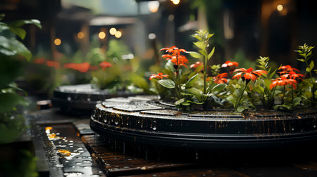 Plants in pots with raindrops on wooden table, stock photoの素材