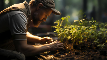 Young man planting seedlings in a greenhouse. Selective focus.の素材