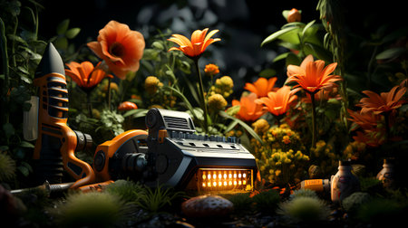 Garden decoration with flowers and tools. Creative artwork. Selective focusの素材