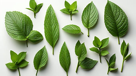 Fresh green mint leaves on white background, top view. Flat layの素材