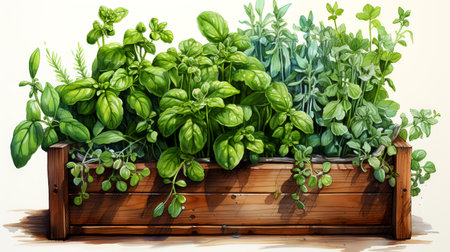 Herbs in a wooden box on a white background. Illustrationの素材