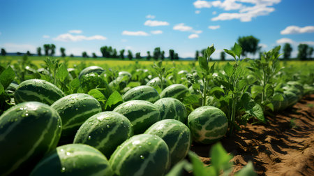 Watermelons growing on a field with green plants and blue sky