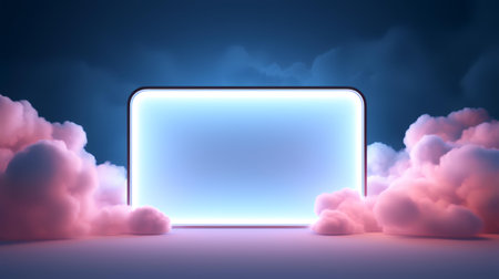 Tablet with blank screen in the clouds. 3D illustration.の素材
