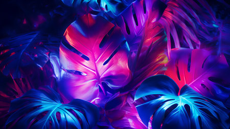 Tropical monstera leaves in neon light, fluorescent colors.の素材
