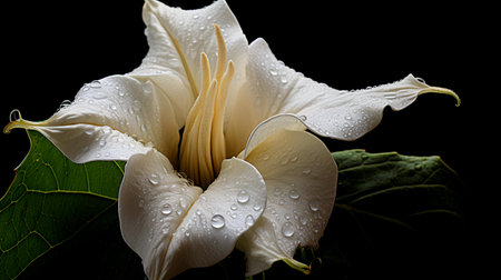 Beautiful white datura flower on black background with water dropsの素材
