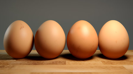 Eggs on a wooden table, isolated on gray background.の素材