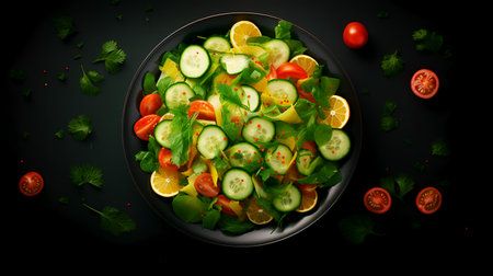 Salad with cucumber, tomato, lemon and parsley on black backgroundの素材
