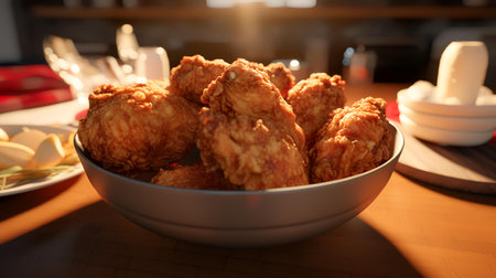 Crispy fried chicken in bowl on table in restaurant, closeupの素材