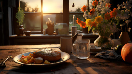 Pumpkin pie with cottage cheese on a plate on a wooden table at sunsetの素材