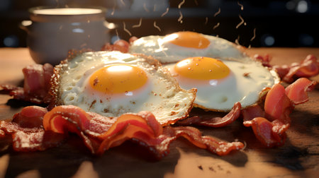 Fried eggs with bacon on wooden table in kitchen, closeupの素材