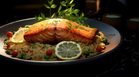 Salmon with rice and vegetables on a black plate in the darkの素材