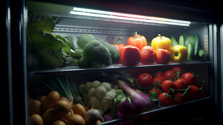 Vegetables in the refrigerator at night. Healthy food concept.の素材