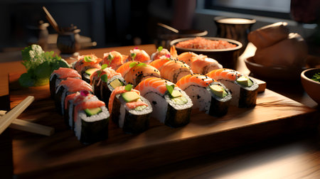 Sushi set on a wooden board in a restaurant. Sushi rolls with salmon, avocado, cucumber and cream cheese.の素材