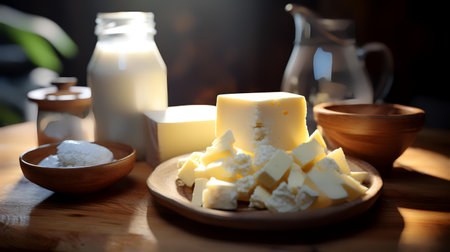 Fresh dairy products on wooden table, closeup. Healthy dairy productsの素材