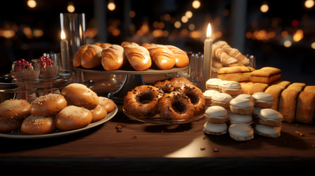 Table with delicious pastries and candies for Christmas dinner, closeupの素材