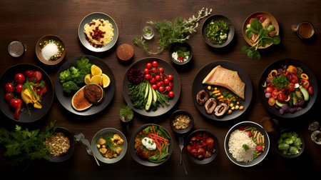 Healthy food on a wooden background. Vegetables, meat, mushrooms, beans, rice, salad, tomatoes, cucumbers, greens.の素材