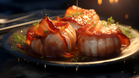 Fried scallops with sauce on a dark background, close-upの素材